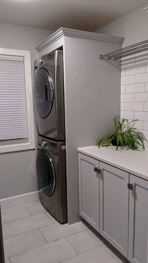 #laundryroom #laundryroomdesign #laundry Farmhouse Laundry Room With Stackable Washer And Dryer, Stacked Washer Dryer Laundry Room Small Modern, Steamer In Laundry Room, Mudroom Laundry Room Stacked Washer Dryer, Utility Stacked Washer Dryer, Bathroom With Stacked Washer And Dryer, Stacked Washer Dryer In Bathroom, Laundry Room Makeover With Stackable Washer And Dryer, Stacking Washer And Dryer Laundry Room Small Spaces