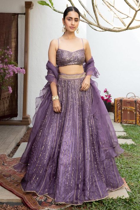 Buy #lavender #lehenga with #sequin embroidery and lace trims. Comes with #strappy #blouse and #dupatta by #JadeByMonicaAndKarishma at #AzaFashions Shop online now at #Azafashions.com Call +12132135273 or email contactus@azafashions.com for enquiries. #wedding #festive #ethnic #tradional #shopping #shoponline #party #reception #bride Lavender Dress Outfit Wedding, Lavender Suits For Women Indian, Lavender Colour Lehenga, Purple Reception Dress, Modern Lehangas, Lehnga Style, Lilac Lehenga, Lavender Lehenga, Lehenga Ideas