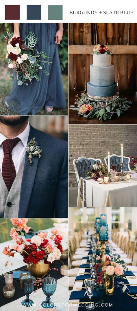 Slate Blue And Burgundy Fall Wedding Color Ideas #wedding Check more at https://weddingdream.me/19-ideas-wedding-colors-gold-green-navy-blue/2 Color Ideas Wedding, Light Blue Wedding Colors, Burgundy Fall Wedding, Fall Wedding Color Ideas, Slate Blue Wedding, Unique Wedding Colors, Rustic Wedding Colors, Blue And Burgundy, Wedding Color Ideas