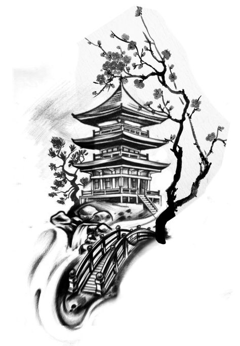 Pagoda Tattoo Design, Pagoda Tattoo, Alex Tattoo, Samurai Tattoo Sleeve, Sakura Tattoo, Japanese Art Samurai, Chicano Art Tattoos, Traditional Tattoo Art, Samurai Tattoo