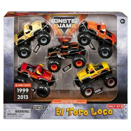 Introducing the Evolution Edition El Toro Loco 5-Pack of 1:64 scale die-cast vehicles from Monster Jam - only at Target! Put the pedal to the metal and drive through Monster Jam El Toro Loco history! Color: Multicolor. Car Themed Parties, Chrome Rims, You Monster, Play Vehicles, Truck Party, Car Themes, Popular Toys, Monster Jam, Drive Through