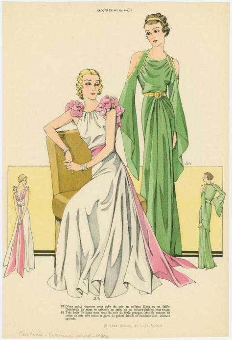 Women wearing formal evening gowns, front and back views. - NYPL Digital Collections 1930s Clothing, Vintage Fashion 1930s, Diy Cosplay, Vintage Evening Gowns, 1930 Fashion, Classy Clothing, 1930's Fashion, Stage Door, Sewing Vintage