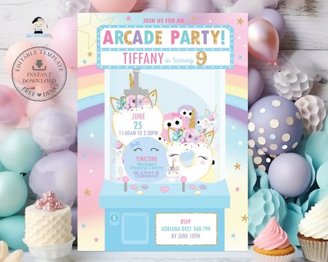 EDITABLE TEMPLATE Arcade Party Birthday Invitation Blue Claw Machine Cute Rainbow Unicorn Printable Games Invite Printable Download AC1 Claw Machine Birthday Party, Rainbow Unicorn Birthday Party Invites, Arcade Birthday, Arcade Party, Rainbow Unicorn Birthday Party, Claw Game, Unicorn Plushies, Cute Rainbow Unicorn, Video Games Birthday Party