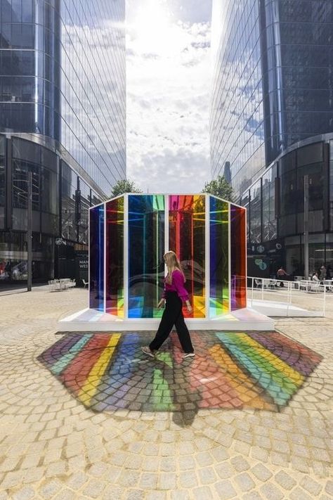 Brookfield Properties, Arts Brookfield, and MASSIVart have brought world-renowned artist Liz West’s immersive art installation Hymn to the Big Wheel to Manhattan. West's installation has never been to the United States and we're delighted to have been a part of her journey. The multi-coloured sculptural work will engage the communities of Manhattan West Plaza and Brookfield Place Waterfront Plaza properties by creating a sensory experience with colour, light, and structure. 🌞 Community Art Installation, Interactive Event Ideas Art Installations, Outdoor Interactive Installation, Park Installation, Outdoor Installation Art Public Spaces, Pedestrian Walk, Brookfield Place, Anniversary Art, Immersive Art