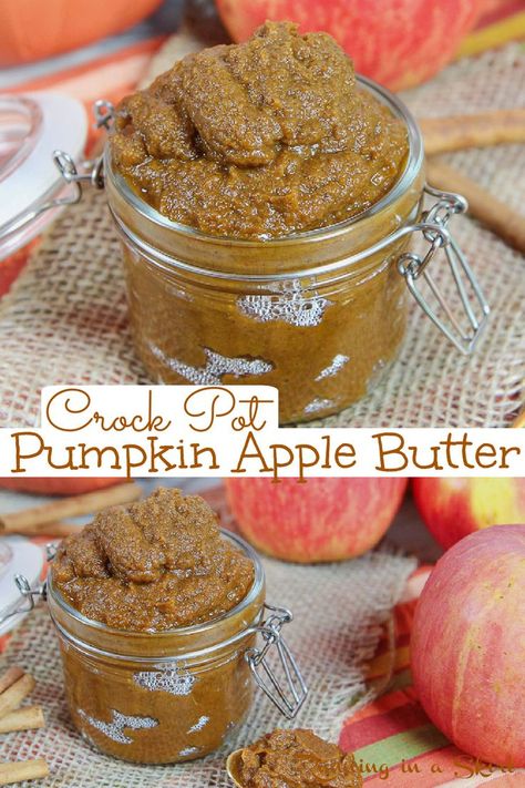 Pumpkin Apple Butter Recipe - Crock Pot or Slow Cooker. A healthy Pumpkin Butter made in the crockpot that's super easy from scratch - no peel, canned pumpkin and uses coconut sugar. Great for biscuits or toast or canning. An easy fall recipe! / Running in a Skirt #pumpkinrecipe #healthyrecipes #applerecipes #crockpot #slowcooker Crockpot Pumpkin Butter, Pumpkin Apple Butter, Amazing Slow Cooker Recipes, Pumpkin Butter Recipe, Best Pumpkin Recipes, Apple Butter Crock Pot, Healthy Crock Pot, Apple Butter Recipe, Savory Pumpkin Recipes