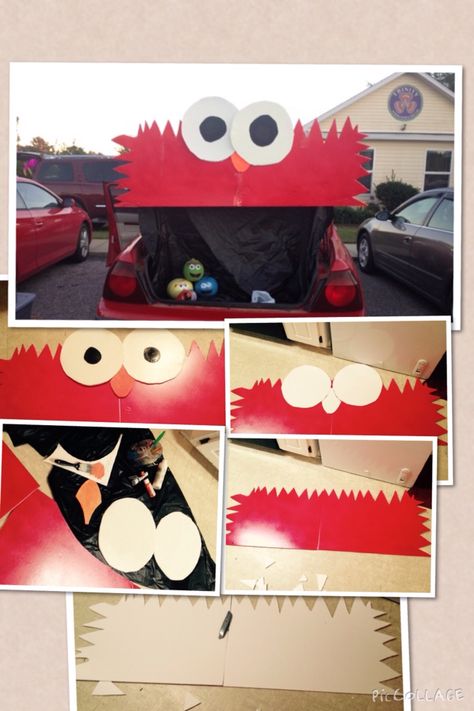 Easy diy Elmo trunk-or-treat! All you need is red spray paint, black & orange acrylic paint, 3 pieces of foam board, a box cutter, and scotch tape. Elmo Trunk Or Treat, Trunk Or Treat Ideas, Room Vanity Ideas, Red Spray Paint, Farmhouse Bathroom Decor Ideas, Elmo Party, Halloween Preschool, Paint Black, Magic Garden