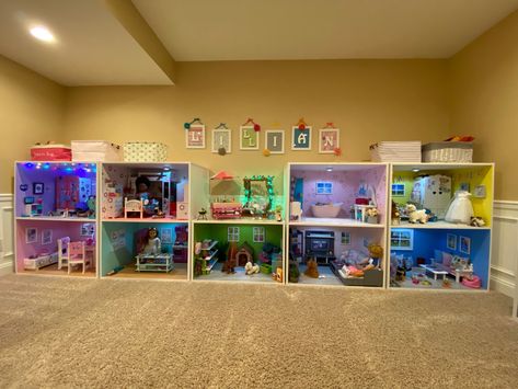 Doll House Area In Playroom, Our Generation Doll Accessories Storage, Diy My Life Doll House, 18in Doll House Diy, My Generation Doll Storage, Doll House Organization Ideas, How To Organize American Girl Doll Stuff, My Life Doll House, American Girl Doll Organization Ideas