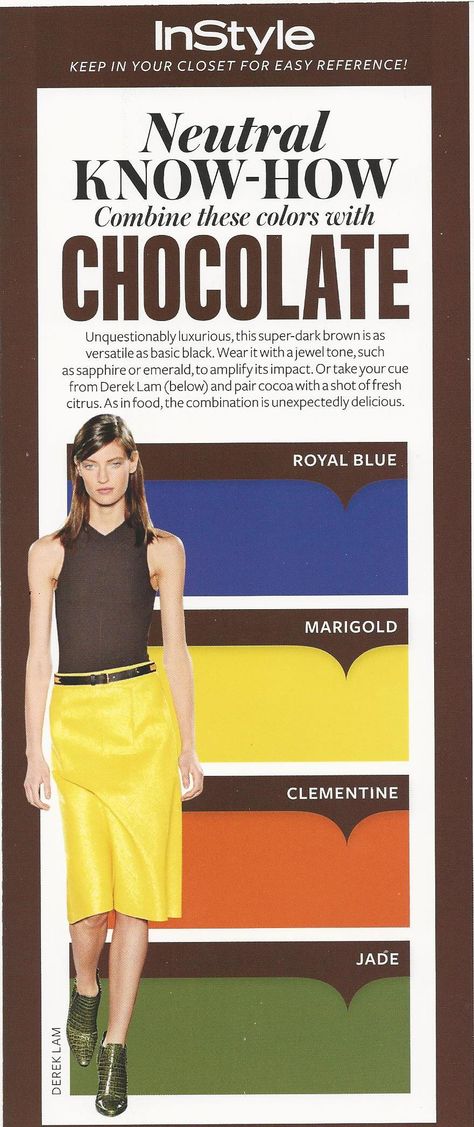 InStyle Keep in Your Closet for Easy Reference!  Neutral Know-How Combine these colors with Chocolate Instyle Color Crash Course, Colour Combinations Fashion, Easy Reference, Color Combinations For Clothes, Colour Theory, Super Dark, Color Guide, Chocolate Brown Colour, Bright Winter