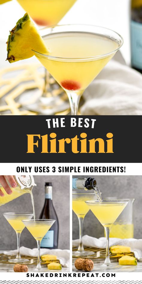 The Flirtini is a fruity champagne cocktail with tropical vibes. It is refreshing, bubbly, and flirtatious. This sparkling martini is perfect for your next party or celebration! Martini Party Appetizers, Fruity Martini Recipes, Fun Martini Recipes, Flirtini Cocktail, Summer Martini Recipes, Birthday Cocktail Recipes, Martini Ideas, Fruity Martini, Pineapple Martini