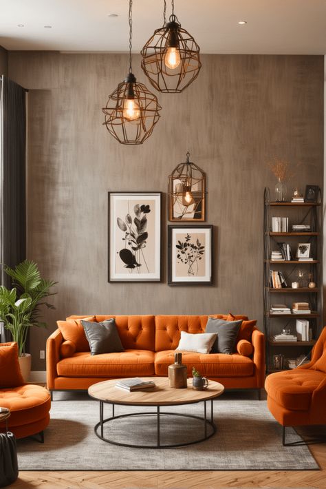 35 Black and Rust Living Room – The Crafty Hacks Living Room Decor Orange Sofa, Rust Color Sofa Living Room, Black And Orange Living Room Ideas, Orange Themed Living Room, Burnt Orange Couch Living Room Ideas, Rust Living Room Ideas, Orange Living Rooms, Burnt Orange Couch, Black And Rust Living Room