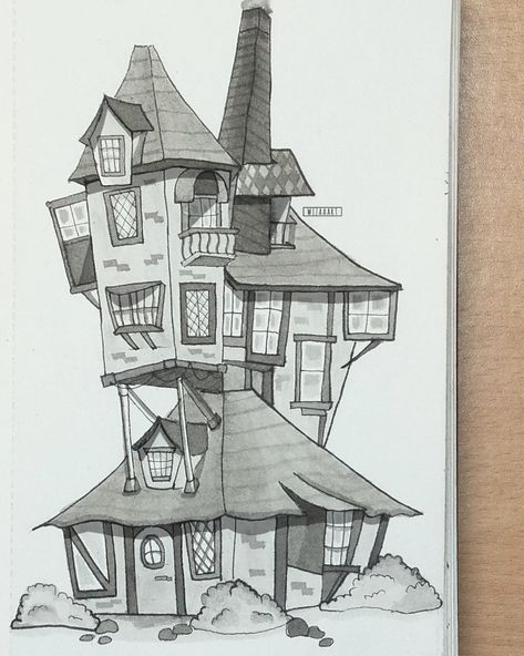 The Weasley House, The Burrow Harry Potter Drawing, Weasley House Tattoo, Harry Potter Houses Drawings, The Burrow Painting, Weasley House Drawing, Vertical Drawing Ideas, The Burrow Drawing, Hogwarts Castle Drawing