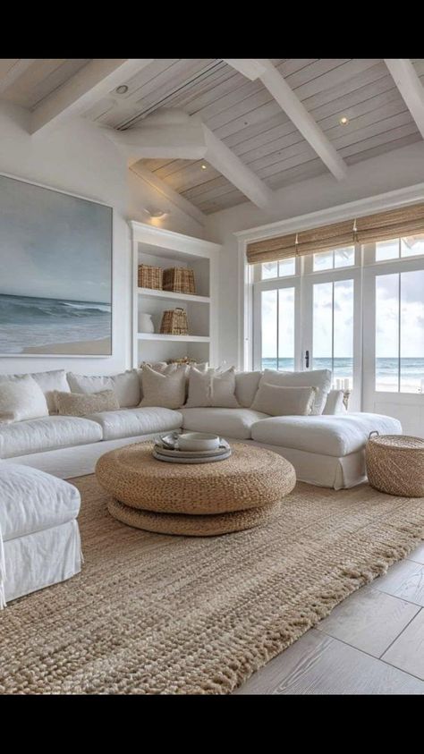 California Coastal Living Room, Hamptons House Interior, Coastal Bungalow, Beach Condo Decor, Window Seat Design, White Living Room Decor, Neutral Bedroom Decor, Modern Coastal Decor, Beach House Living Room