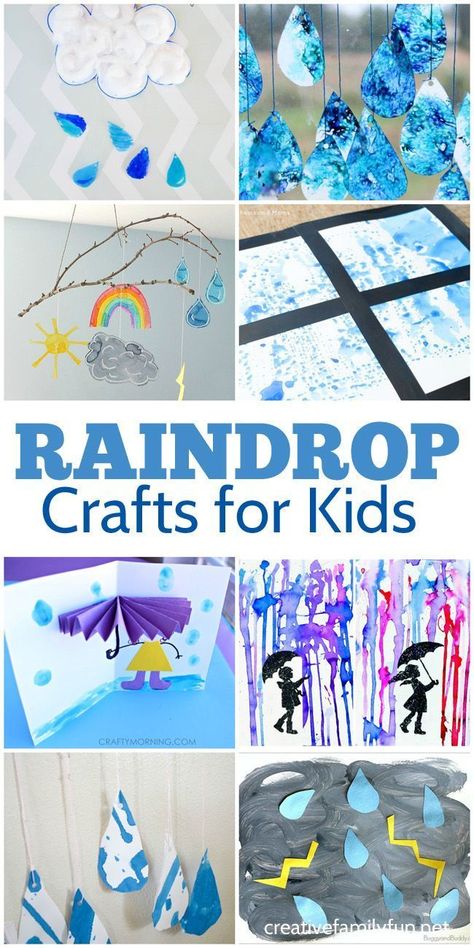 Create some fun weather crafts with this selection of rain and raindrop crafts for kids. They're all easy to make and fun for kids of all ages. Rain Crafts, Weather Activities For Kids, Preschool Weather, Weather Art, Weather Crafts, Weather Theme, Kindergarten Art Projects, Rainy Day Crafts, Weather Activities