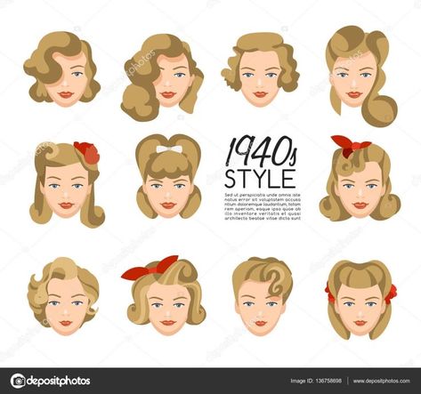 1940 Hair, 1940s Hairstyles Short, Hairstyle 1940, 1940s Hair, Vintage Hairstyle, 40s Hairstyles, 1940s Women, 50s Hairstyles, Hair Vector