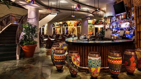 Bongo Drum, Cuban Cafe, Colorful Bar, Orlando Restaurants, African Interior Design, African Inspired Decor, Decoration Restaurant, Disney World Restaurants, Disney Restaurants