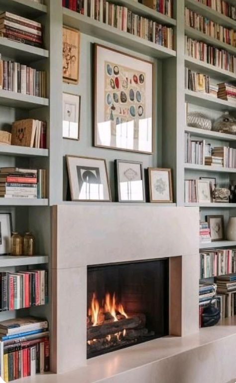 Small Vertical Living Room Ideas, Floor To Ceiling Bookshelves Fireplace, Mantel With Shelves On Each Side, Fireplace With Library, Electric Fireplace With Built In Shelves, Bookcase Surrounding Fireplace, Styling Large Built In Shelves, Bookcase Wall With Fireplace, Bookshelves Above Fireplace