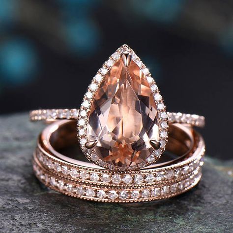 2.5 carat morganite engagement ring rose gold,solid 14k gold,diamond halo ring,3pcs bridal set ,diamond matching band,morganite wedding ring - BBBGEM Emgagement Ring, Gold Diamond Wedding Bands, Morganite Wedding Set, Morganite Bridal Set, Morganite Wedding Rings, Morganite Engagement Ring Rose Gold, Morganite Engagement Ring Set, Pink Morganite Engagement Ring, Cool Wedding Rings