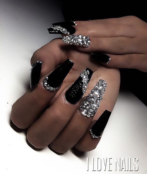 Black Nail Designs With Rhinestones, Nail Setup, Nail Designs With Rhinestones, Ongles Bling Bling, Nails Design With Rhinestones, Black Nail Designs, Black Nail, Bling Acrylic Nails, Summer Acrylic Nails