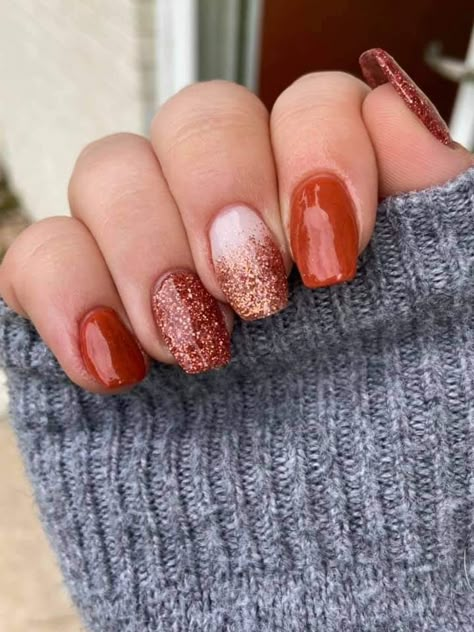 Orange Nails With Sparkles, Cinnamon Nails Acrylic, November Nails Sparkle, Fall Nails With Orange, Autumn Sparkle Nails, Rusty Red Nails, Fall French Tips Nails, November Nails Fall Short Square, Short Dip Powder Nails Fall