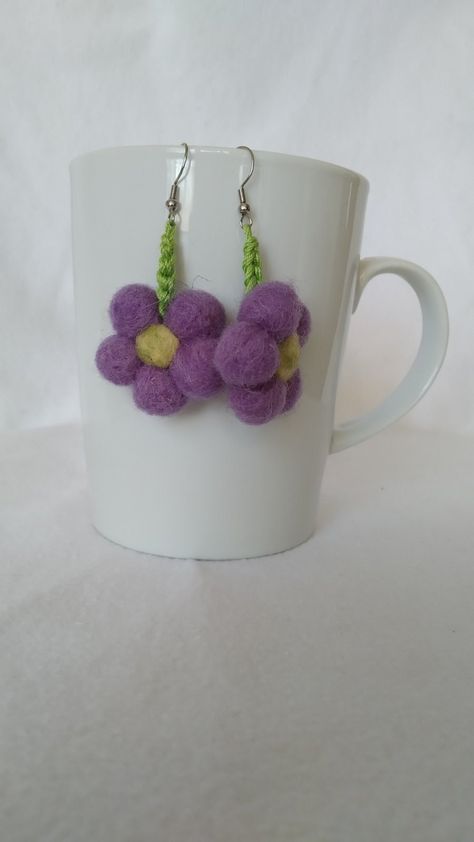 These flower drop earrings are handmade and unique. - made of 100% merino wool, which is soft natural material, comfortable to wear - earrings are leight to wear - the diameter of each flower is 4 cm / 1, 57 inch. - lively colors that don't fade out - they are made in a smoke-free environment - you can clean them with soap and water if needed - cute flower earrings for lovely accent to your outfit - felted jewelry is appropriate for all seasons and can serve as a cool handmade gift Wool Earrings, Violet Jewelry, Felted Jewelry, Violet Earrings, Felted Earrings, Diy Jewelry To Sell, Felt Crafts Diy, Flower Drop Earrings, Felt Wool