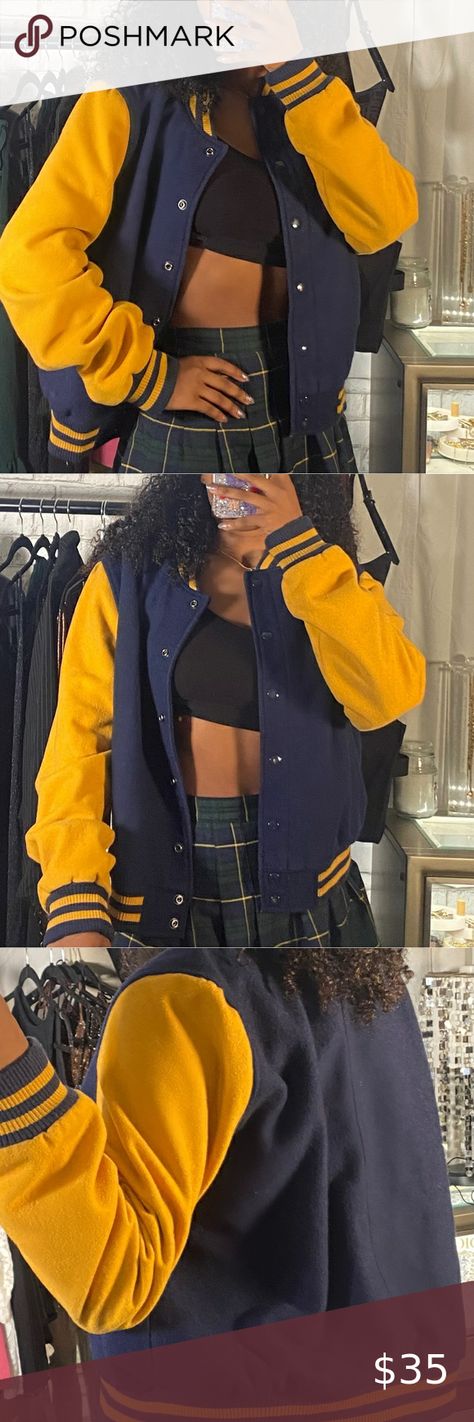 Mossimo Navy blue & Yellow varsity jacket. Size XXL Yellow Varsity Jacket Outfit, Yellow Varsity Jacket, Varsity Outfit, Varsity Jacket Outfit, School Jacket, Grad Photoshoot, Jacket Outfit, Letterman Jacket, Oversized Jacket