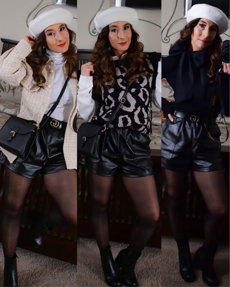 Faux Leather Shorts Outfit Winter, Shorts In Winter, Winter Shorts Outfits, Leather Shorts Outfit, Dressy Vest, Faux Leather Shorts, Winter Shorts, Sweater Vests, Longline Coat