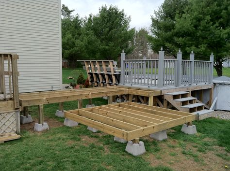 Framework for the hot tub and deck access | Repair and Refinishing ... Hot Tub Deck Platform, Hot Tub Lower Deck Ideas, Hot Tub Deck Diy, Step Down Hot Tub Deck, Small Hot Tub Deck, Raised Hot Tub Deck Ideas, Deck Plans With Hot Tub, Hot Tub Surround Deck, Hot Tub Floating Deck