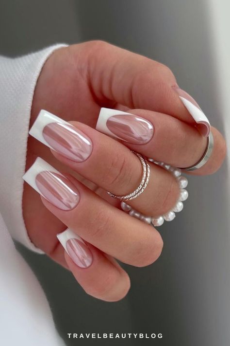 White French Glazed Nails, Acrylic Nail Square French Tip, From French Tip, Nails 2024 For Summer, Summer Trend Nails 2024, Square Acrylic Ombre Nails, My Nails Aesthetic, Wedding Guest Nails Square, French Nails Biab