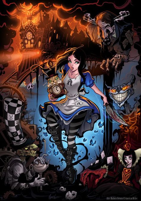 Evil Alice in Wonderland - Creepy Gallery Alice In Wonderland Pictures, American Mcgee’s Alice, Alice In Wonderland Artwork, Dark Alice In Wonderland, Alice In Wonderland Drawings, Wonderland Artwork, Wonderland Tattoo, Alice Liddell, Alice Madness Returns