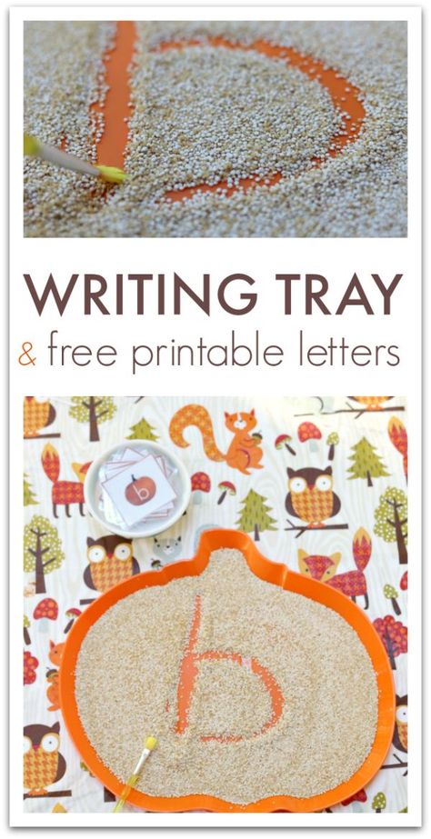 Sensory writing tray for preschool and kindergarten. Use grain to add texture and interest to writing. Includes FREE Printable Letter Cards. Sensory Writing, Easy Math Games, Fall Sensory, Thanksgiving Activities Preschool, Halloween Writing, Fall Lessons, Math Games For Kids, Thanksgiving Preschool, Free Printable Letters