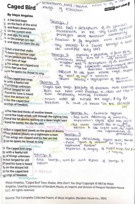 Poem analysis and annontations on caged bird by Maya Angelou. Maya Angelou Caged Bird, Caged Bird Maya Angelou Poem, Writers Effect Igcse, Caged Bird Poem, Still I Rise Poem, Bird Poems, Maya Angelou Poems, Art Poems, Time Poem