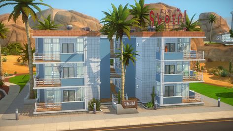 Agave Apartments (for Roomies household) Desert Apartment Building, Sims 4 Del Sol Valley Apartments, Ts4 Builds, Oasis Springs, Sims Freeplay Houses, Sims 4 Challenges, Apartment Exterior, Sims Houses, Modern Desert