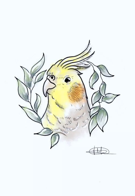 Cockatiels Tattoo, Cockatiel Drawing Cute, Cockatiel Embroidery, Cockatiel Drawing, Cockatiel Tattoo, Girly Hand Tattoos, Beachy Tattoos, Parrot Tattoo, Pet Bird Cage