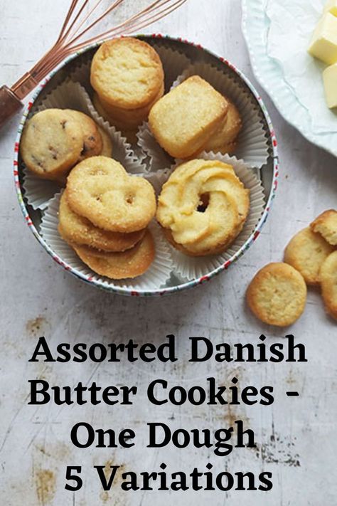 These assorted Danish Butter Cookies are made using one dough with 5 variations.Inspired by the classic Royal Danish butter cookie tins these include vanilla ring, the pretzel cookie, country style, coconut and rectangular sugar sprinkled cookie. Royal Dansk Cookies Recipe, Best Danish Butter Cookie Recipe, Danish Cookies Butter, Vegan Danish Butter Cookies, Danish Butter Cookies Recipe Videos, Royal Dansk Danish Butter Cookies, Danish Cookie Recipes, Danish Butter Cookie Recipe Royal Dansk, British Biscuits Recipe