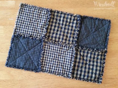 Navy Blue Farmhouse Placemats Primitive Rustic Table Linens | Etsy Navy Blue Farmhouse, Placemat Crafts, Rustic Country Bathroom, Quilt Placemats, Patchwork Placemats, Denim Recycle, Memory Blankets, Rag Quilting, Big Cabin