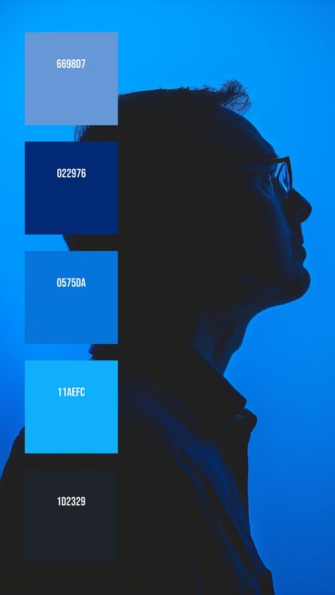 Colors: 6698D7 ° 022976 ° 0575DA ° 11AEFC ° 1D2329 Color Palette For Men, Man Color Palette, Dramatic Color Palette, Men Color Palette, Ui Color, Blue Lighting, Website Color Palette, Hex Color Palette, Color Schemes Colour Palettes