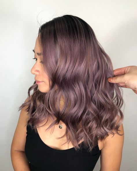 Violet Light Brown Hair, Mauve Highlights In Brown Hair, Purple Tinted Brown Hair, Purple Ash Hair Color, Ash Purple Balayage, Lavender Balayage Brunette, Lavender Ash Hair, Light Purple Balayage, Purple Toned Hair