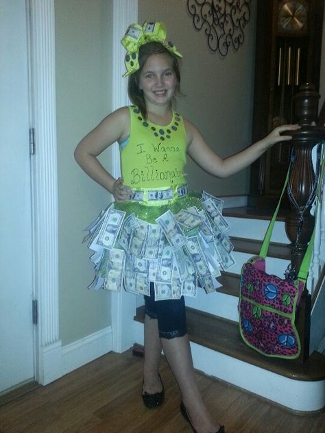 Spirit Week at my daughter's school.  Theme was "What do you want to be when you grow up?" She wanted to be a Billionaire lol Puff painted the tank top glued fake coins to the shirt.  Made the Tutu out of lime green wired ribbon (totally difficult trying to sew) then hot glued fake money on the skirt :) It was a hit! ♥ What I Want To Be When I Grow Up Costume, Up Costume Ideas, Pta Fundraising, Up Costume, Fundraiser Ideas, Up Theme, Fake Money, Puff Paint, School Theme