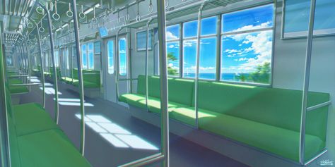 bright day traveling in japanese subway blue sky green Japanese Subway, Train Interior, Interior Window, Pretty Artwork, Scenery Background, City Background, Aesthetic Japan, Environmental Design, Cozy Place