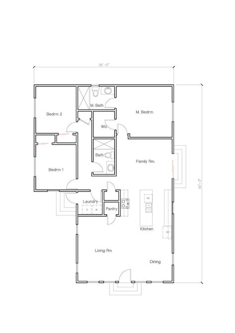 3 Bedroom 2 Bath (1,532SF) Floor Plan House Plan. Kitchen open to Living room. Separate family room. (35'-5"Width X  50'-3"Length) Kitchen Open To Living Room, Floor Plan With Dimensions, Modern Contemporary House Plans, Exterior Elevation, Open Kitchen And Living Room, Contemporary Modern House, Free House Plans, Kitchen Open, Interior Design Presentation