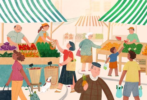 Farmer’s market no Behance Market Illustration Drawing, Farmer Market Illustration, Farmers Market Illustration, Market Concept Art, Market Reference, Farmers Market Art, Farmer Illustration, Market Illustration, Cambodian Art