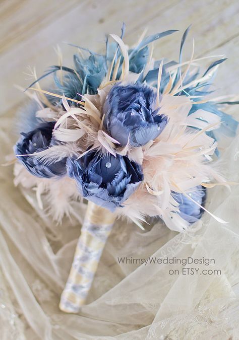 Slate blue and light pink feather bridal by WhimsyWeddingDesign, $100.00    #wedding #bridal #feather #bouquet #slate #blue #pink #white #ivory #elegant #weddings #design #bride #etsy Prom Bouquet With Feathers, Non Flower Bouquets, Bouquet With Feathers, Prom Flowers Bouquet, Homecoming 2024, Prom 23, Prom Bouquet, Feather Bouquet, Prom 2023