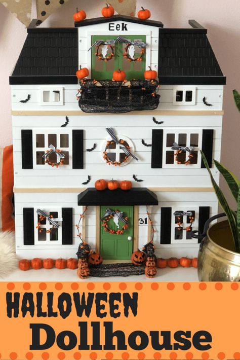 Dollhouse Makeover- with Halloween Decor - Treehouse Threads Magnolia Dollhouse Makeover, Dollhouse Halloween Decorations, Halloween Dollhouse Diy, Hearth And Hand Dollhouse, Magnolia Dollhouse, Halloween Doll House, Fall Dollhouse, Dollhouse Makeover, Halloween Dollhouse