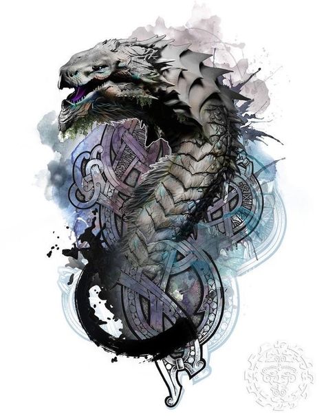 Viking Serpent Tattoo, Jormungandr Tattoo Design, Jormungandr Tattoo, North Tattoo, Traditional Viking Tattoos, Norse Mythology Tattoo, World Serpent, Serpent Tattoo, Concept Art Gallery