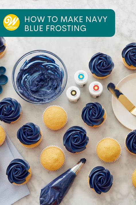 Navy Blue Frosting, Wilton Frosting Recipe, Buttercream Frosting Wilton, Navy Blue Buttercream, Wilton Frosting, Navy Blue Food, Blue Buttercream Frosting, Frosting Color Chart, Icing Color Chart