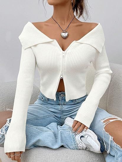 SweatyRocks Women's Off Shoulder Long Sleeve Ribbed Knit Cardigan Slim Fit Zip Up Collar Crop Tops Sweaters White Ribbed Crop Top Outfits, Shein Aesthetic, Crop Top Designs, Rib Knit Cardigan, Shein Outfits, Crop Top Outfits, Prom Dresses Long With Sleeves, Crop Top Sweater, Zip Up Sweater