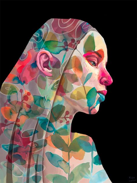 Revealing Struggles and Joy, Expressive Portraits Are Superimposed onto Watercolor Foliage | Colossal Expressive Portraits, Portrait Au Crayon, Watercolor Foliage, Posca Art, Colossal Art, Contemporary Portrait, Spanish Artists, Arte Inspo, A Level Art