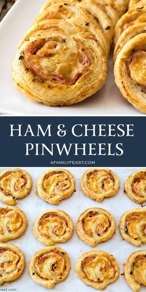 Ham and Cheese Pinwheels - A Family Feast® Breakfast Pinwheel Recipes, Hot Ham And Cheese Pinwheels, Ham And Cheese Pinwheels Puff Pastry, Bible Study Snacks Ladies, Pinwheels Baked, Savoury Scrolls, Breakfast Pinwheels, Ham Pinwheels, Puff Pastry Pinwheels