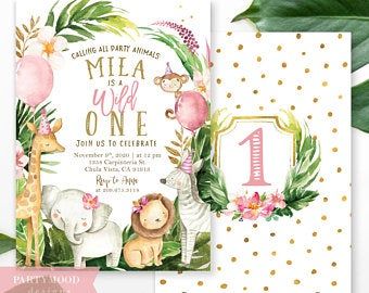 Summer Invitation, Safari Animals Birthday, Wild One Birthday Party, 1st Birthday Party Invitations, Milestone Poster, Party Animals, Pink Cards, Safari Birthday, Birthday Invitations Girl