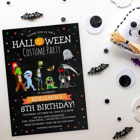 $1.90 | Fun Halloween Kids Costume Birthday Party #halloween birthday party, costume party, fancy dress party, fun kids birthday party invite, funny cartoon scary characters, stars, chalkboard, childrens halloween birthday celebration, spooktacular modern colorful, trick or treat birthday Costume Birthday Party, Scary Characters, Kids Birthday Party Invitations, Birthday Halloween Party, Halloween Invitations, Party Fun, Party Halloween, Free Birthday Invitations, Free Birthday Invitation Templates